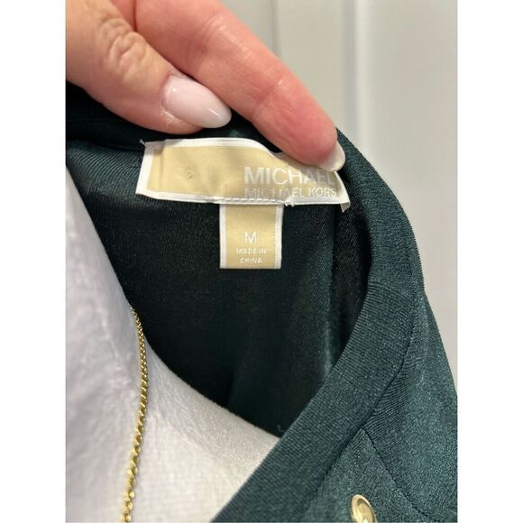 Michael Kors Dark Green Gold Studded Crew Neck 3/4 Sleeve Shift Dress Medium - Picture 7 of 8